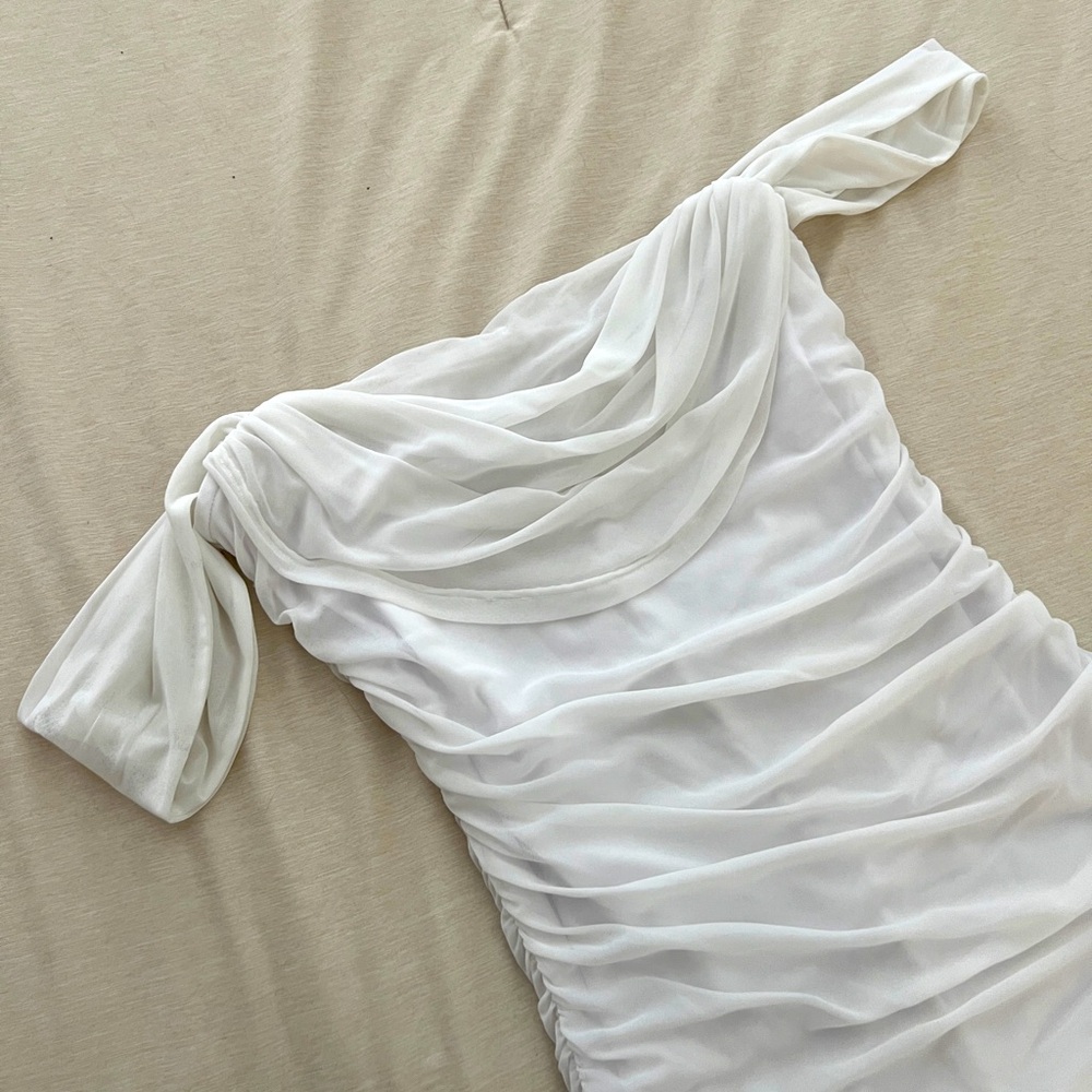 White Ruched Chiffon Bodycon Midi Dress